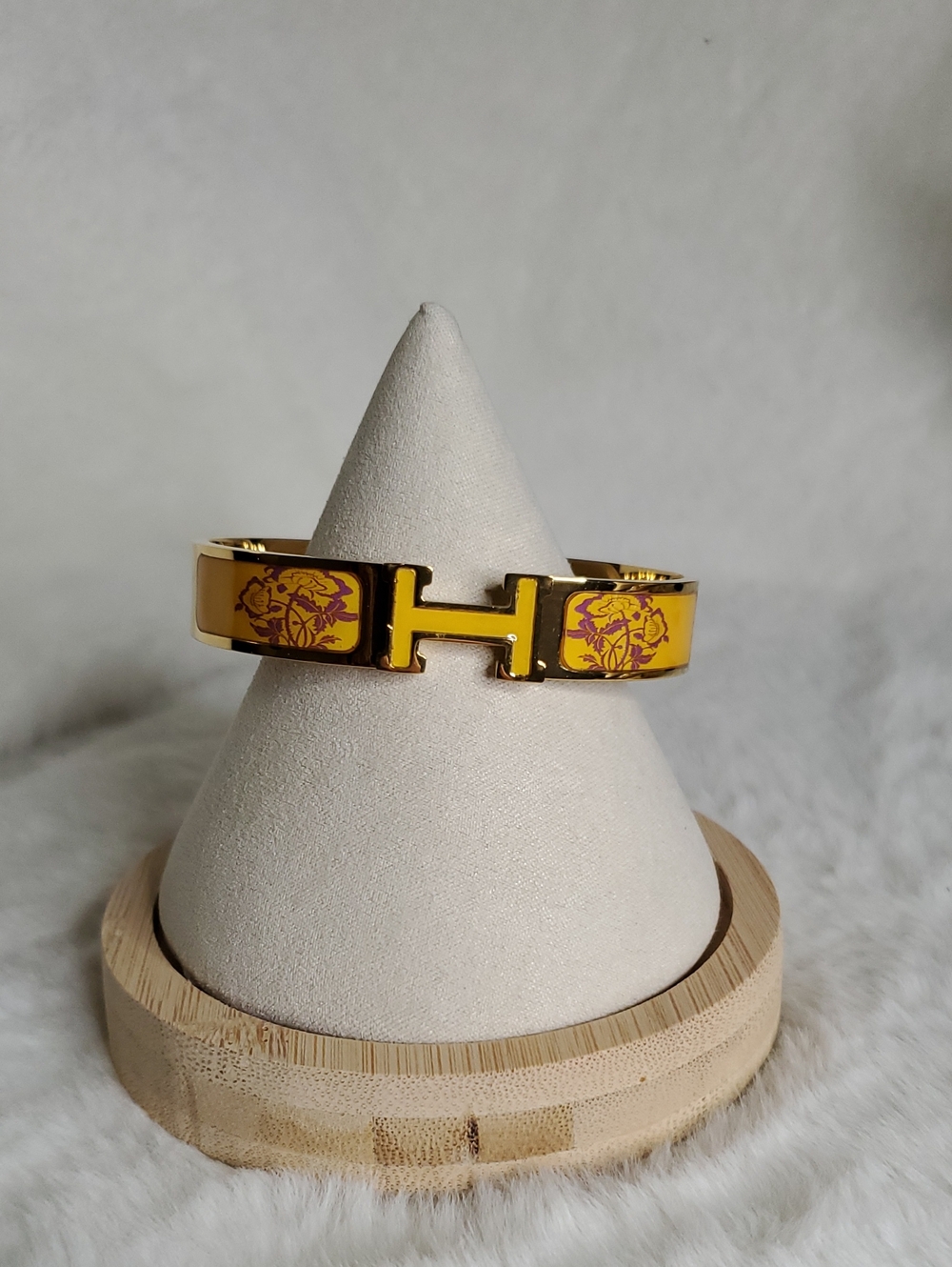 Fashion Jewelry Yellow Enamel H Cuff with Pink Floral Motif
